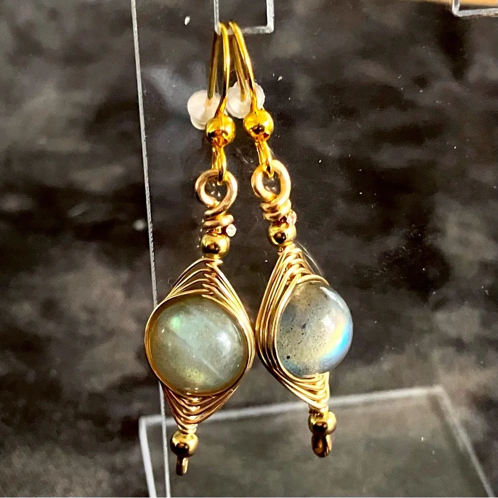 CLEAROUT π₯ Natural Labradorite Wire Wrapped Earrings - Gold Stainless Steel - Picture 1 of 9